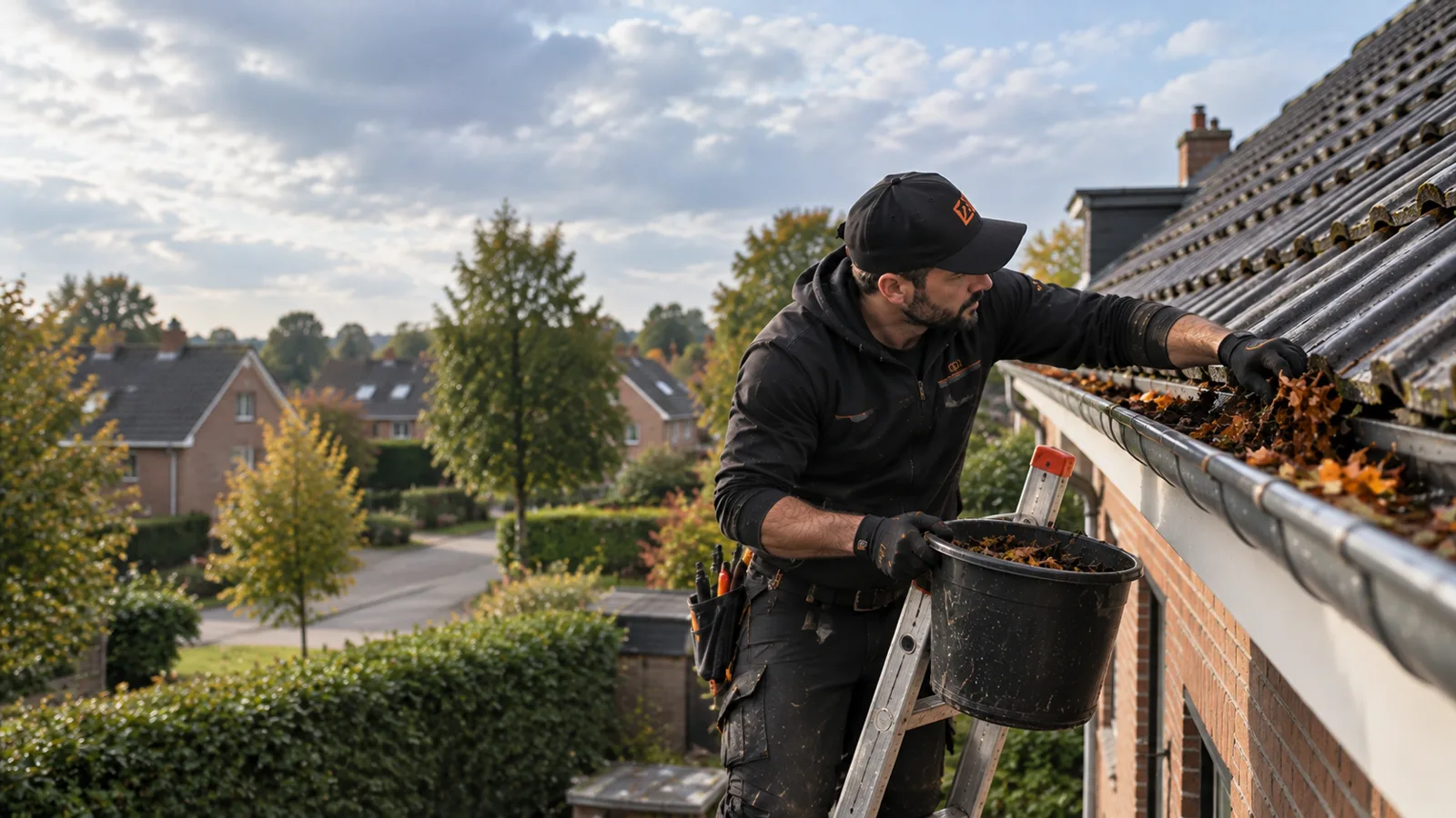 Dakgoot reinigen van bladeren en vuil in Mol