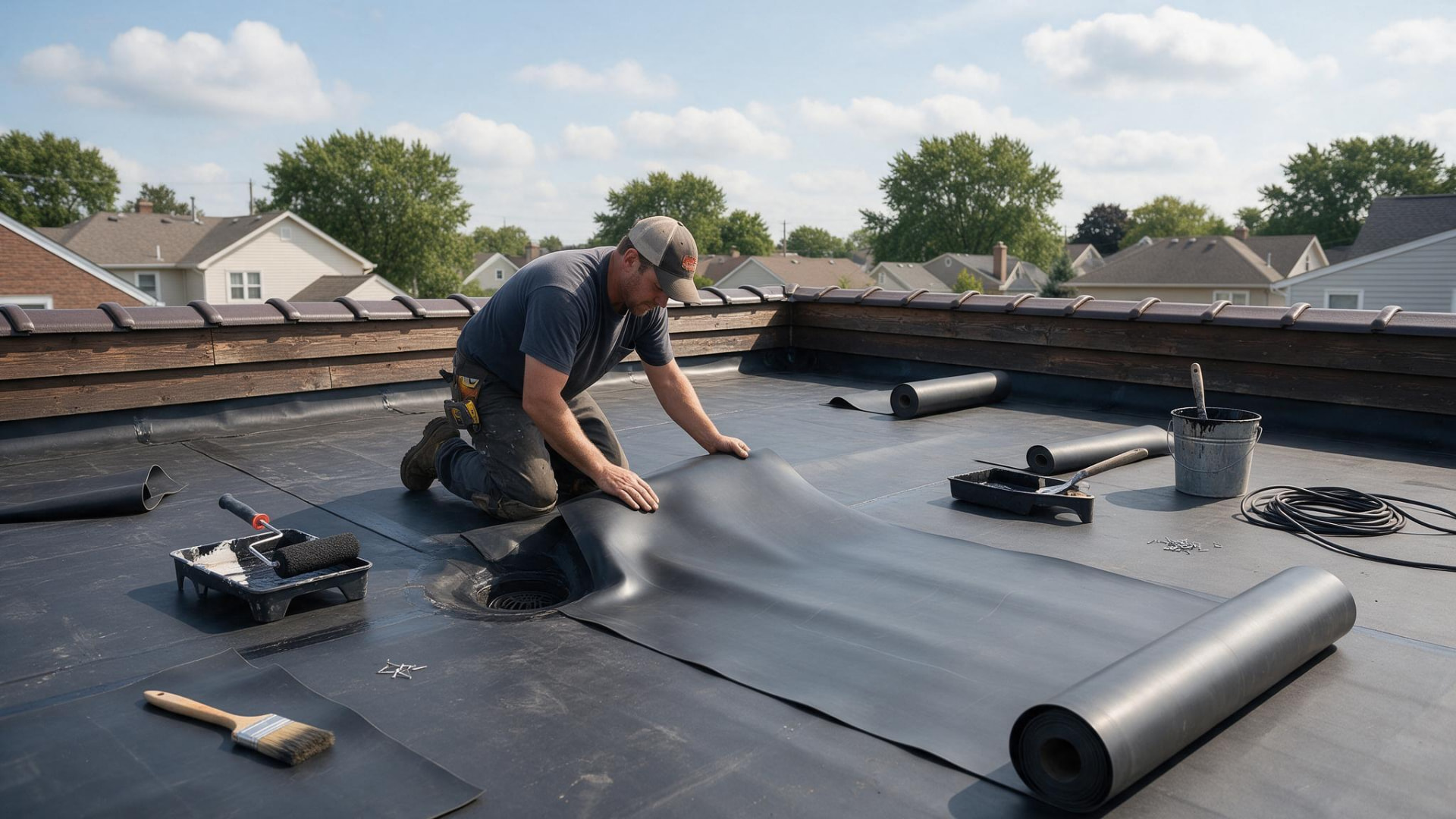 Dakwerker die EPDM op een plat dak plaatst