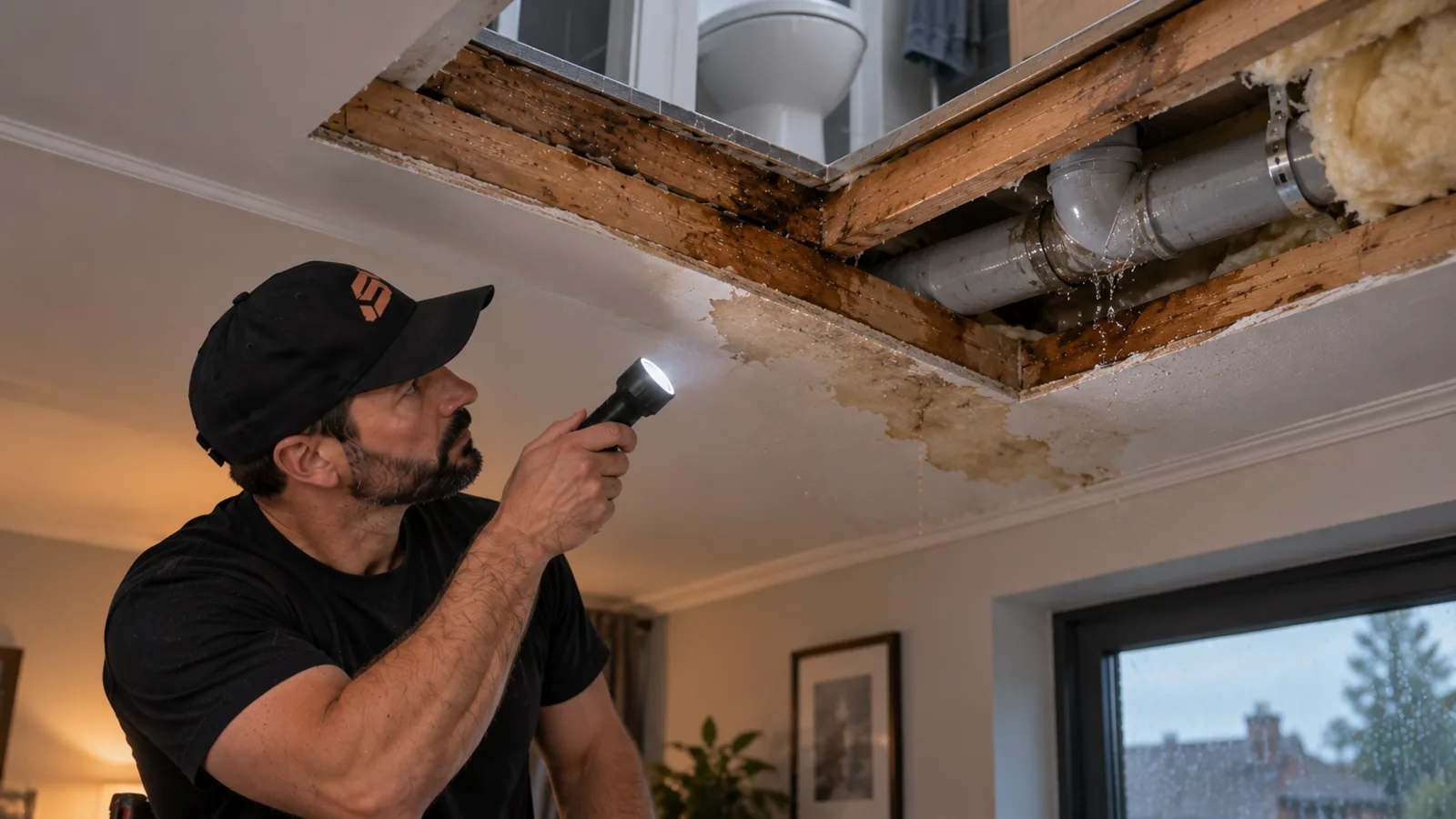 Vochtplek aan plafond onderzoeken in woning in Mol