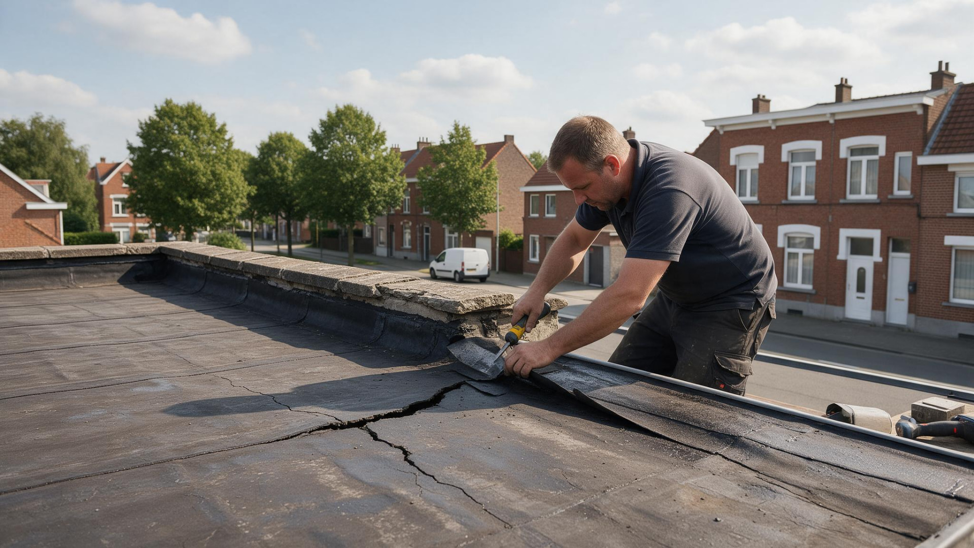 Dakwerker die een scheur in een plat dak herstelt