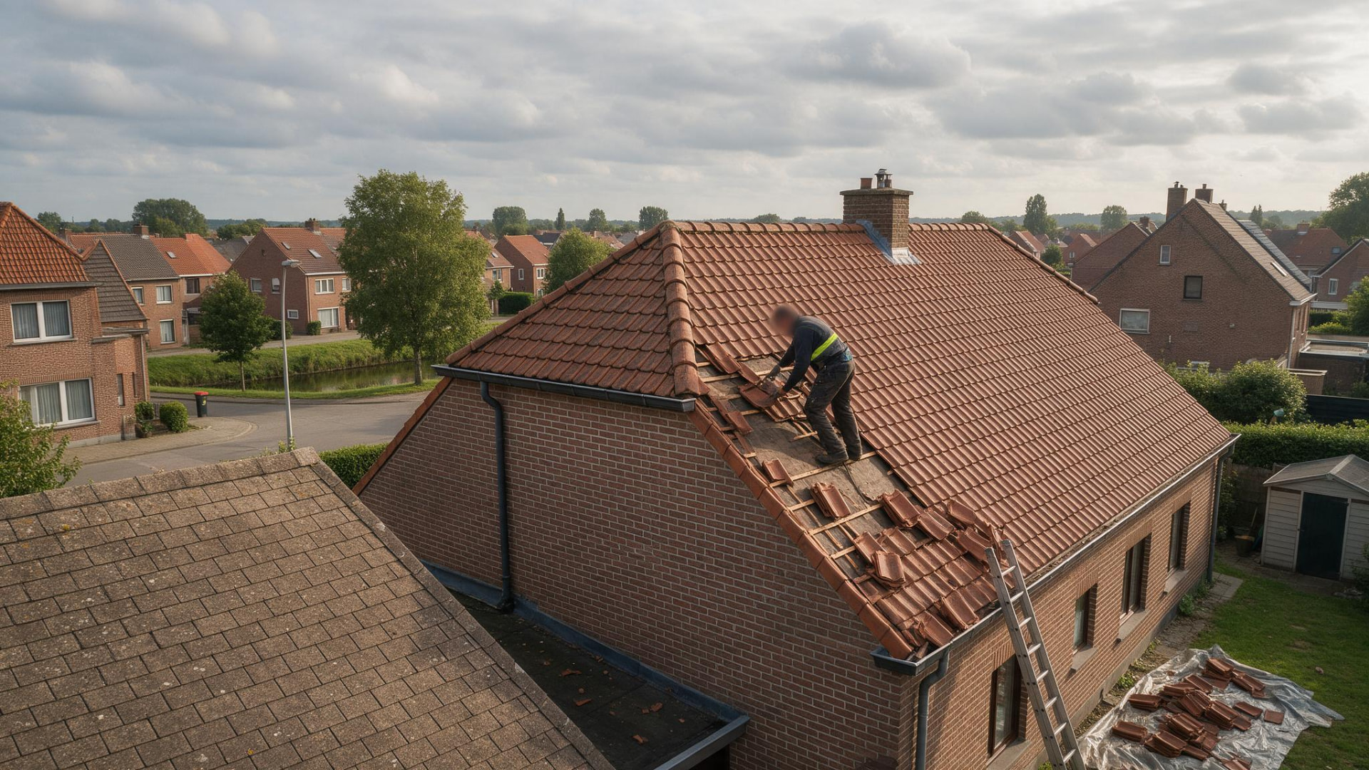 Dakwerker die stormschade aan dakpannen herstelt